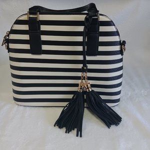 BLACK and WHITE STRIPED PURSE with LEATHER handles and tassels